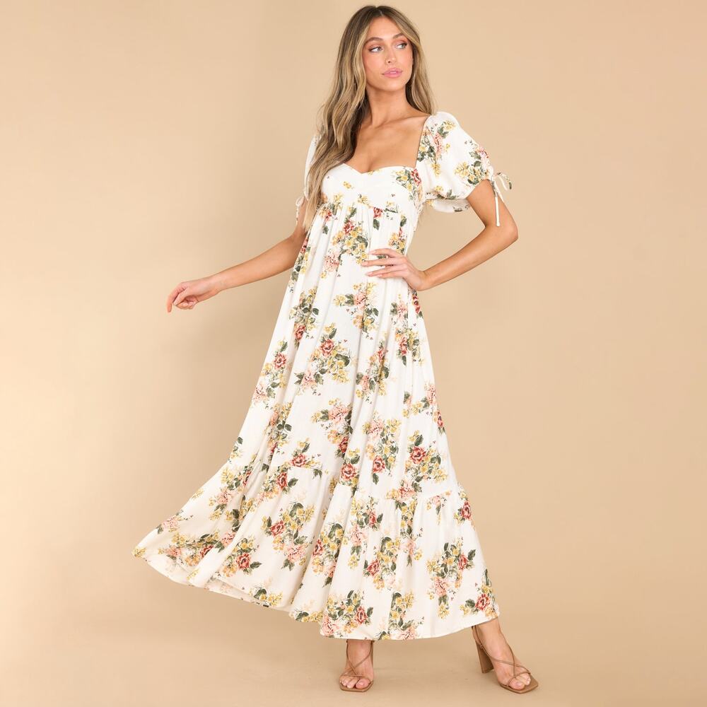 Aura White Floral Maxi Dress with Pink and Green Bouquet Print